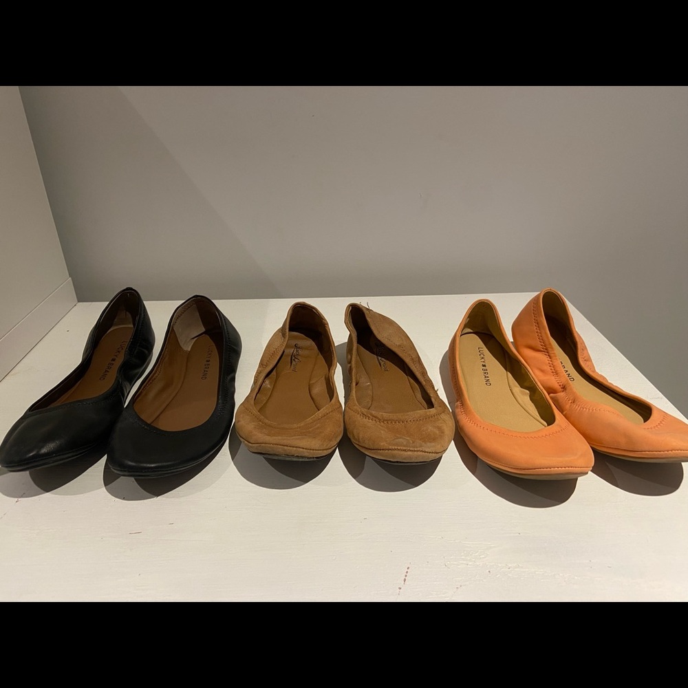 Lucky Brand Emmie Ballet Leather Flats - Set of 3 (Black, Brown, and Light Pink)